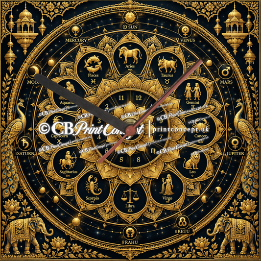 Square black and gold Indian-inspired zodiac wall clock featuring twelve zodiac signs, celestial symbols, lotus ornaments, peacocks and elephants