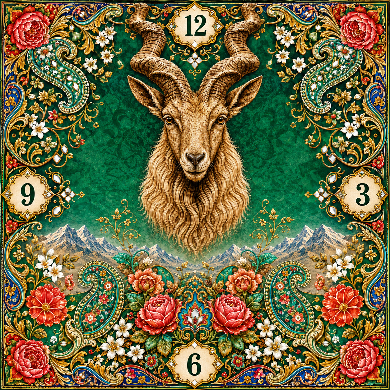 Majestic Pakistani markhor wall clock with spiral horns, colourful floral ornaments, paisley motifs and northern mountain scenery
