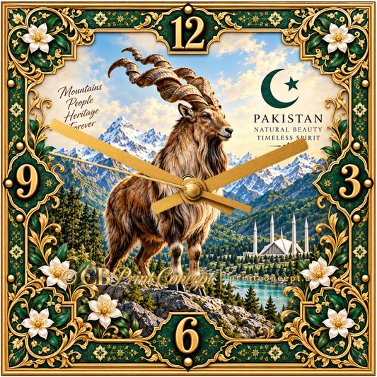 Square Majestic Pakistani Markhor Heritage glass wall clock featuring a markhor, mountain landscape, Pakistani crescent and star, and emerald-and-gold ornamentation