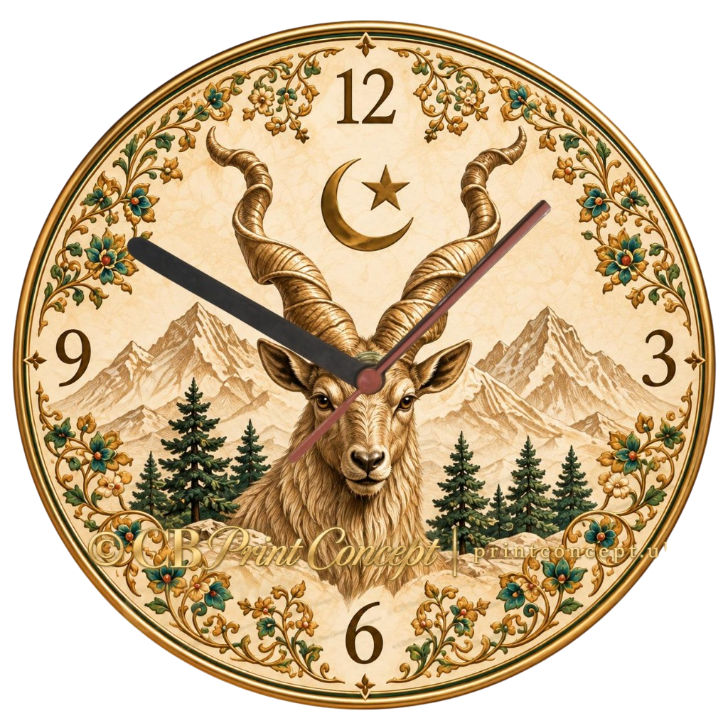 Round Majestic Pakistani Markhor Light Edition glass wall clock with markhor, mountain scenery, gold crescent and star, and ornate ivory floral decoration