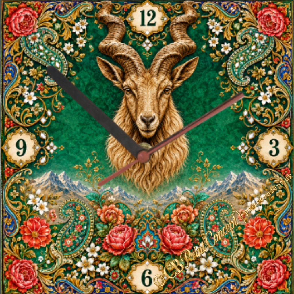 Majestic Pakistani Markhor Wall Clock featuring a detailed Markhor portrait, mountain scenery, floral paisley ornament and rich emerald, ruby and gold colours