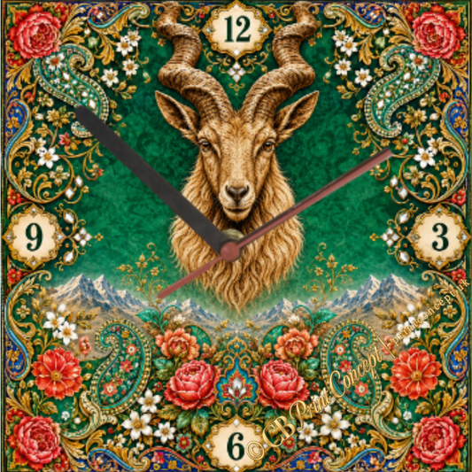 Majestic Pakistani Markhor Wall Clock featuring a detailed Markhor portrait, mountain scenery, floral paisley ornament and rich emerald, ruby and gold colours