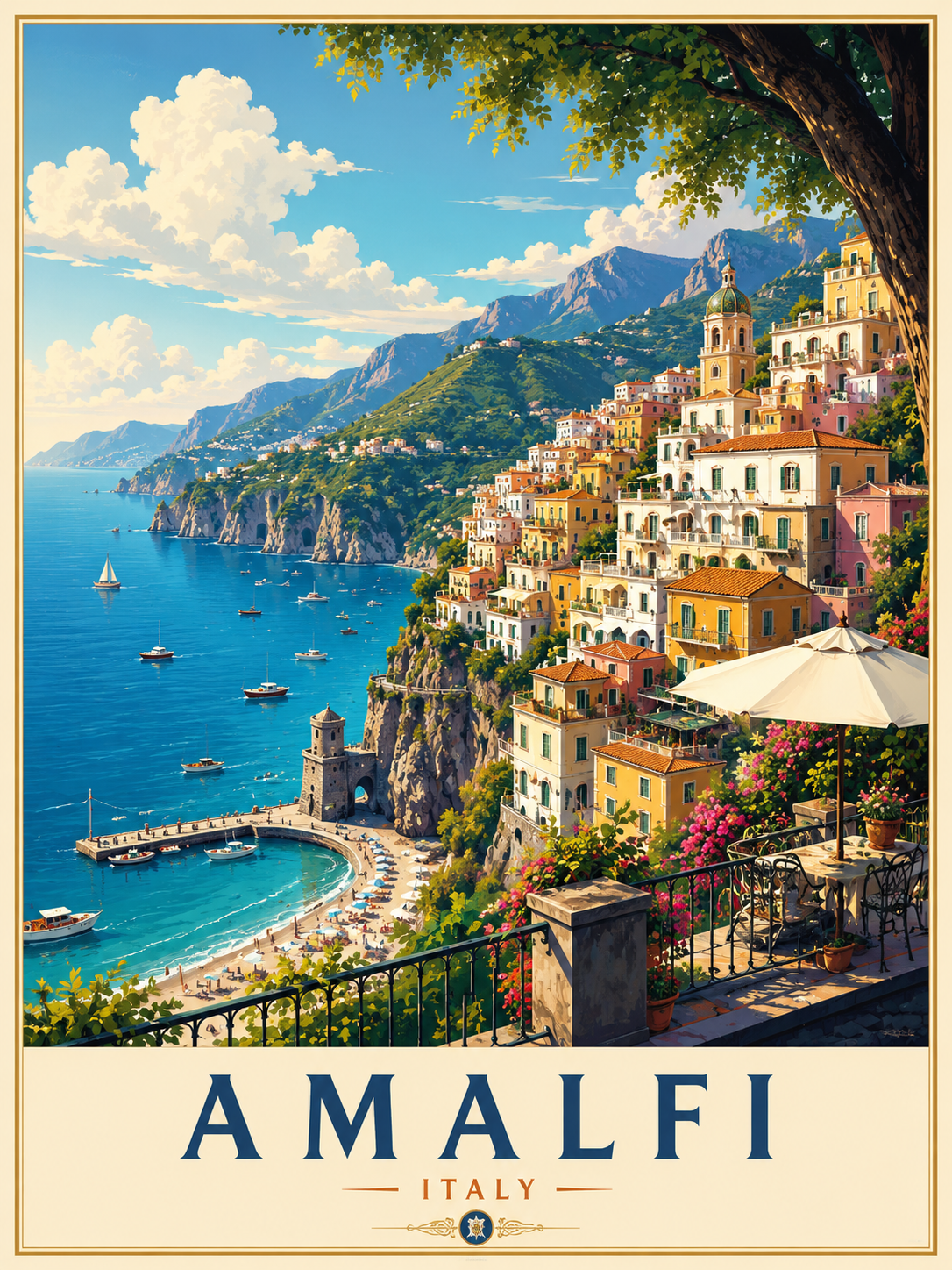 Amalfi Travel Poster featuring colourful cliff side villages, Mediterranean coastline, crystal-clear waters and iconic Italian coastal scenery
