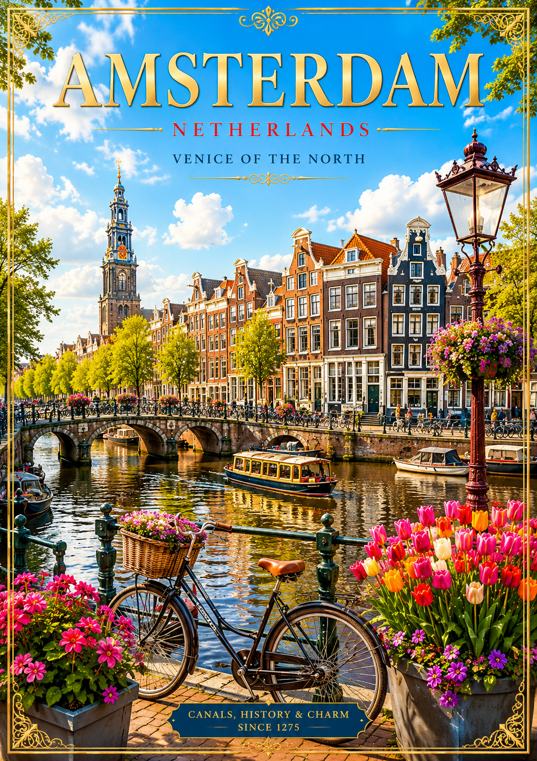 Amsterdam Travel Poster featuring historic canal houses, charming bridges, colourful flowers and iconic Dutch city scenery