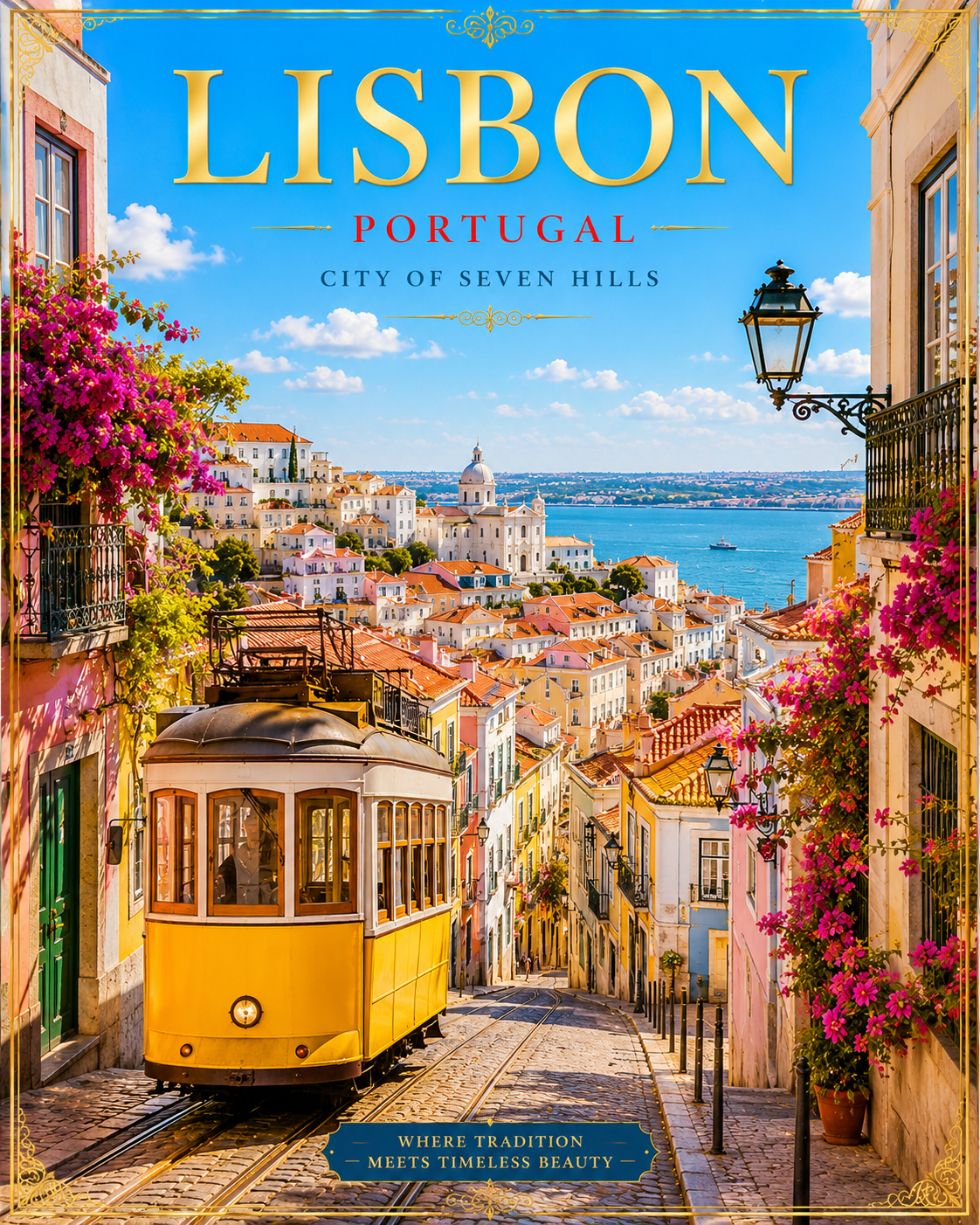 Lisbon Travel Poster featuring yellow trams, colourful hillside buildings, Portuguese architecture and panoramic city views