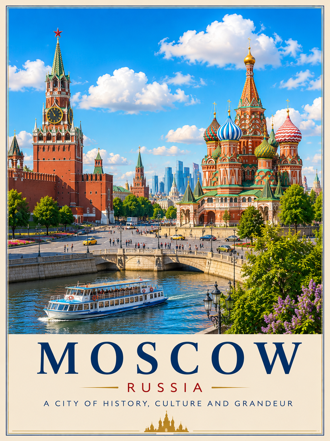 Moscow Travel Poster featuring Saint Basil's Cathedral, the Kremlin, Moskva River, historic landmarks and vibrant Russian cityscape