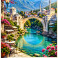 Luxury Bright Mostar Travel Poster featuring Stari Most bridge, turquoise Neretva River and historic Ottoman architecture in Bosnia and Herzegovina.