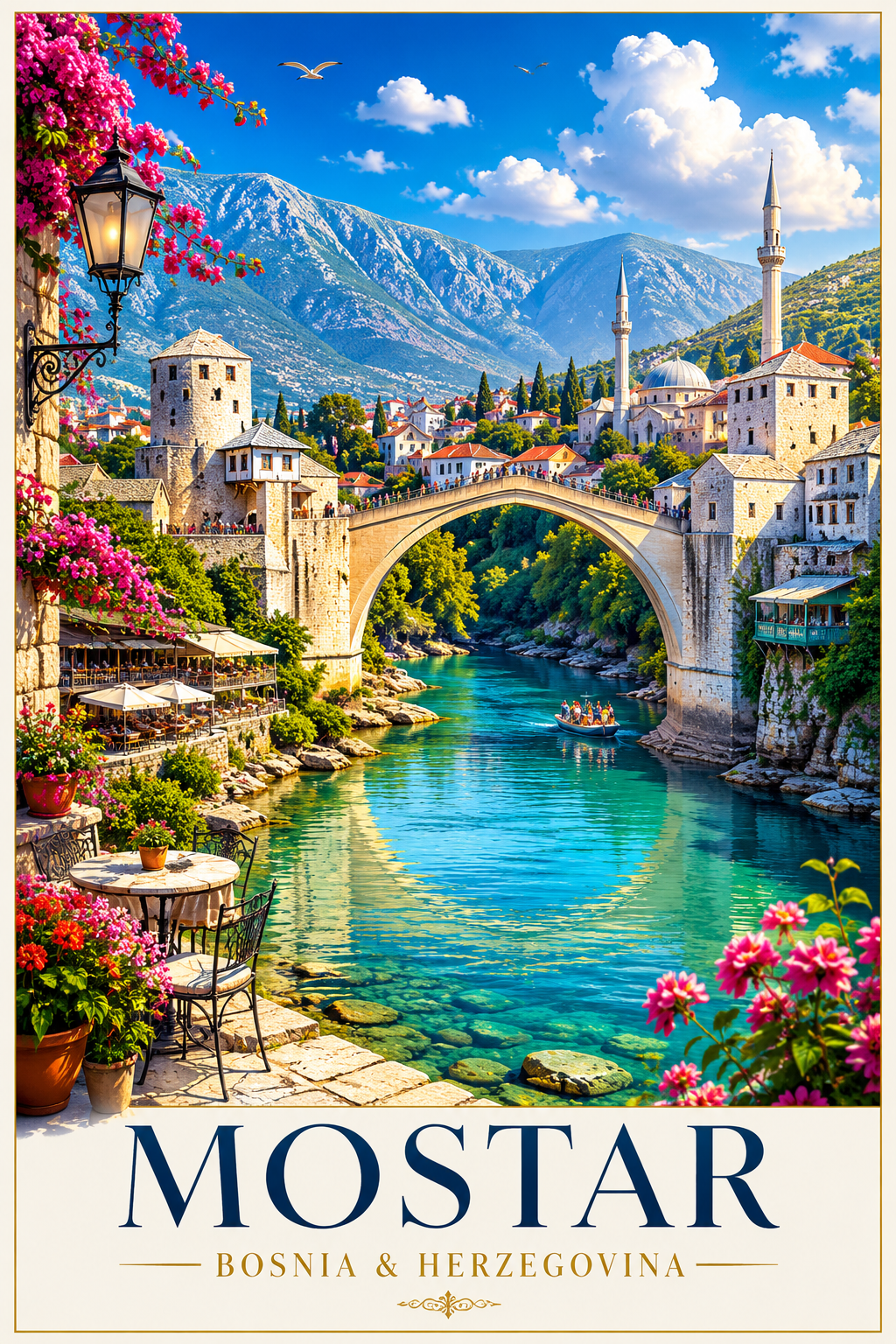 Luxury Bright Mostar Travel Poster featuring Stari Most bridge, turquoise Neretva River and historic Ottoman architecture in Bosnia and Herzegovina.