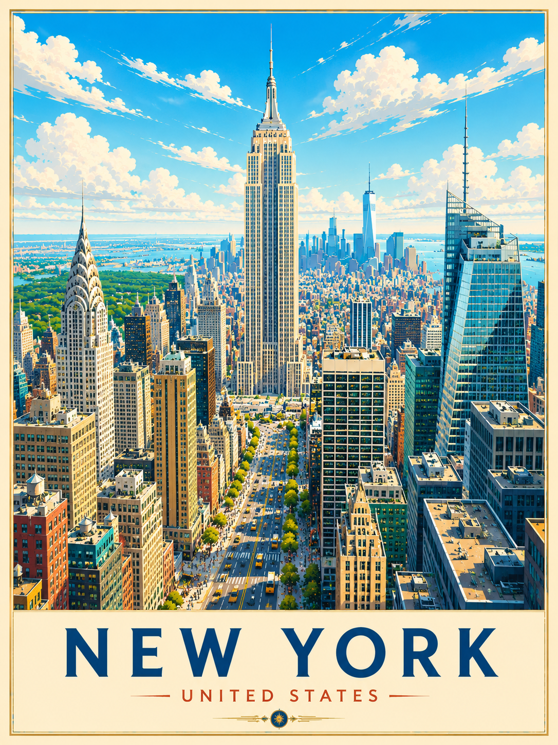 New York Travel Poster featuring the Empire State Building, Chrysler Building, Manhattan skyline and vibrant cityscape artwork