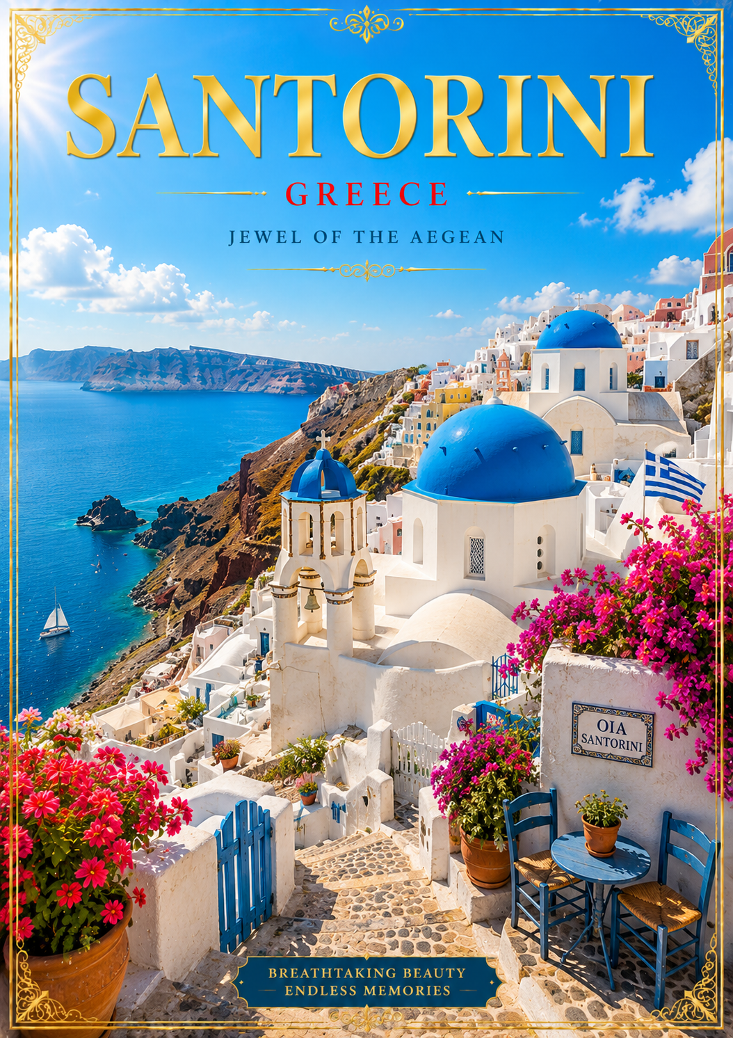 Santorini Travel Poster featuring blue-domed churches, whitewashed buildings, Aegean Sea views and iconic Greek island scenery