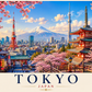 Tokyo Travel Poster featuring iconic Japanese city skyline, modern architecture, vibrant streets and luxury travel artwork.