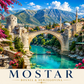 Luxury Bright Mostar Travel Poster featuring Stari Most bridge, turquoise Neretva River and historic Ottoman architecture in Bosnia and Herzegovina.