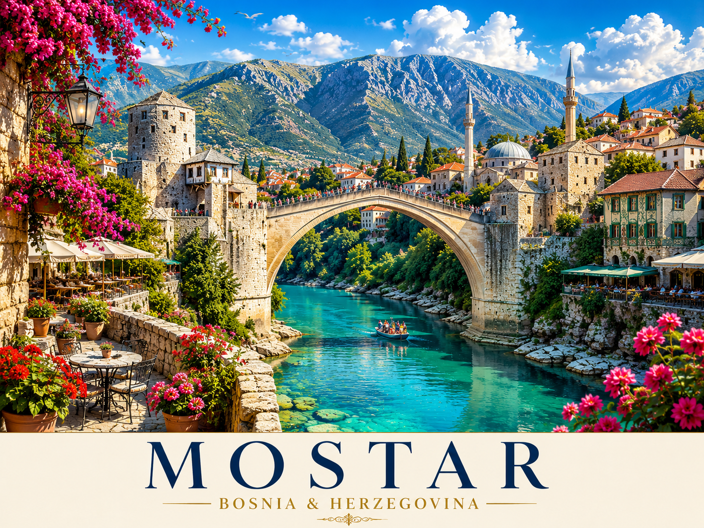 Luxury Bright Mostar Travel Poster featuring Stari Most bridge, turquoise Neretva River and historic Ottoman architecture in Bosnia and Herzegovina.