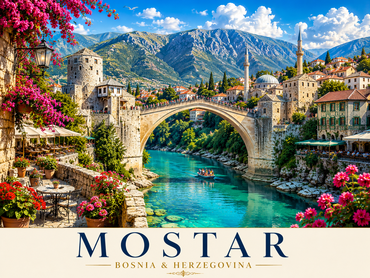 Luxury Bright Mostar Travel Poster featuring Stari Most bridge, turquoise Neretva River and historic Ottoman architecture in Bosnia and Herzegovina.