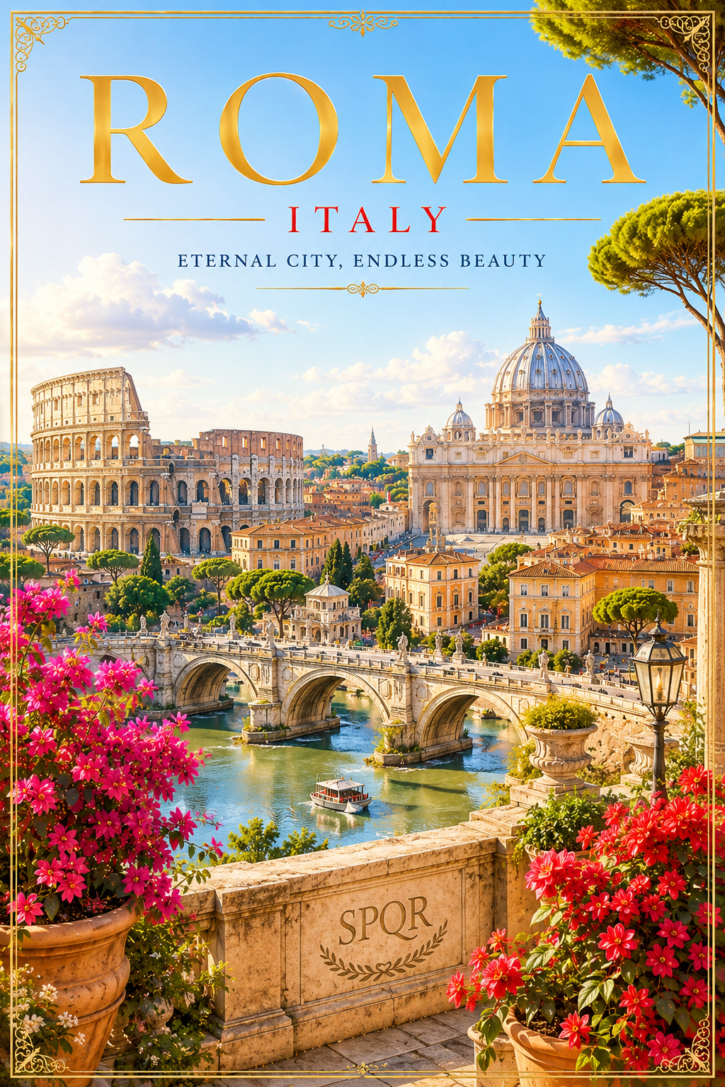 Rome Travel Poster featuring the Colosseum, Saint Peter's Basilica, Roman architecture, historic bridges and vibrant Italian cityscape