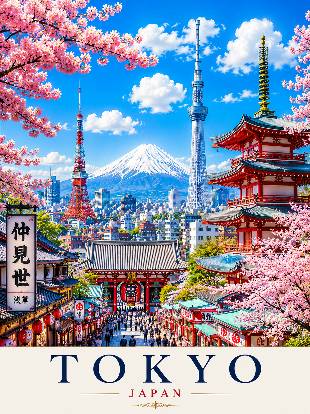 Tokyo Travel Poster featuring iconic Japanese city skyline, modern architecture, vibrant streets and luxury travel artwork.