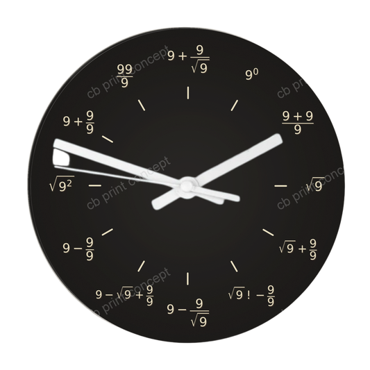 Shop a 30 cm mathematical equations glass wall clock with a charcoal background, white hands and silent movement. Printed and assembled in the UK.
