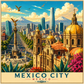 Mexico City panoramic travel poster featuring the Ángel de la Independencia, historic architecture, modern skyline and volcanic mountain backdrop
