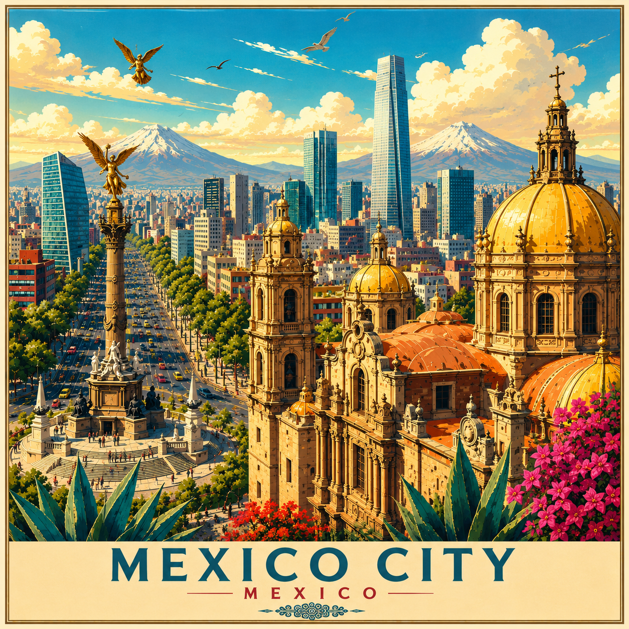 Mexico City panoramic travel poster featuring the Ángel de la Independencia, historic architecture, modern skyline and volcanic mountain backdrop
