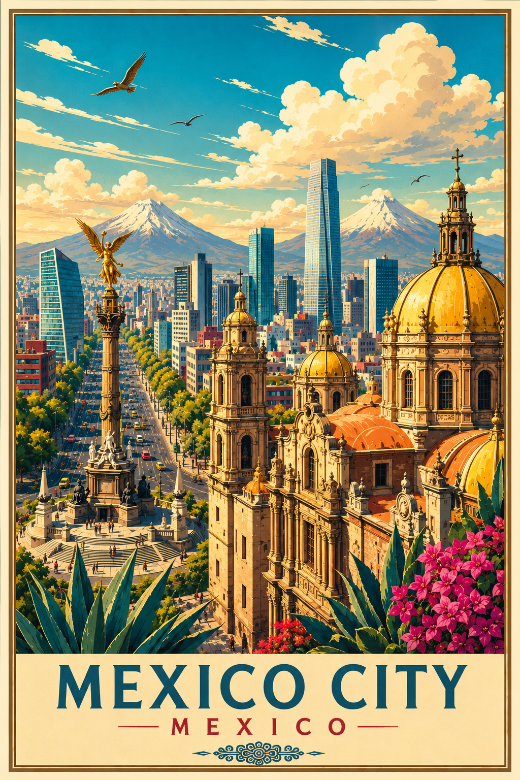 Mexico City Travel Poster featuring Ángel de la Independencia, historic architecture, modern skyline and vibrant Mexican cityscape artwork