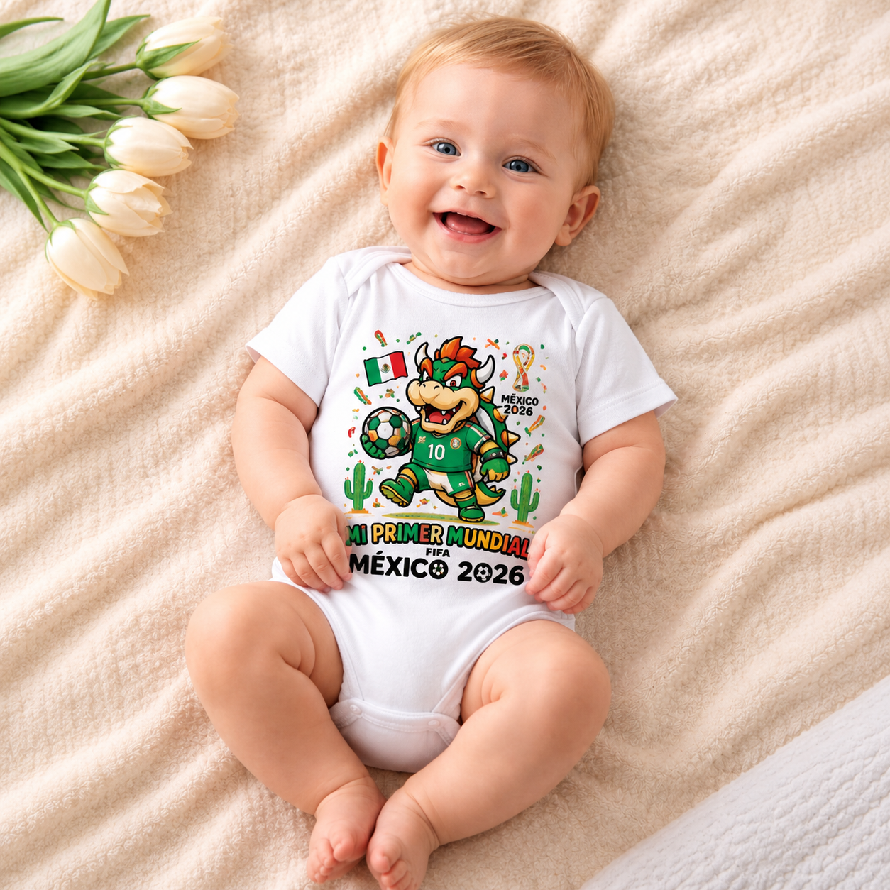Baby wearing a "Mi Primer Mundial México 2026" football-themed onesie, smiling on a soft cream blanket. Perfect personalised baby bodysuit for World Cup fans and keepsake photos.