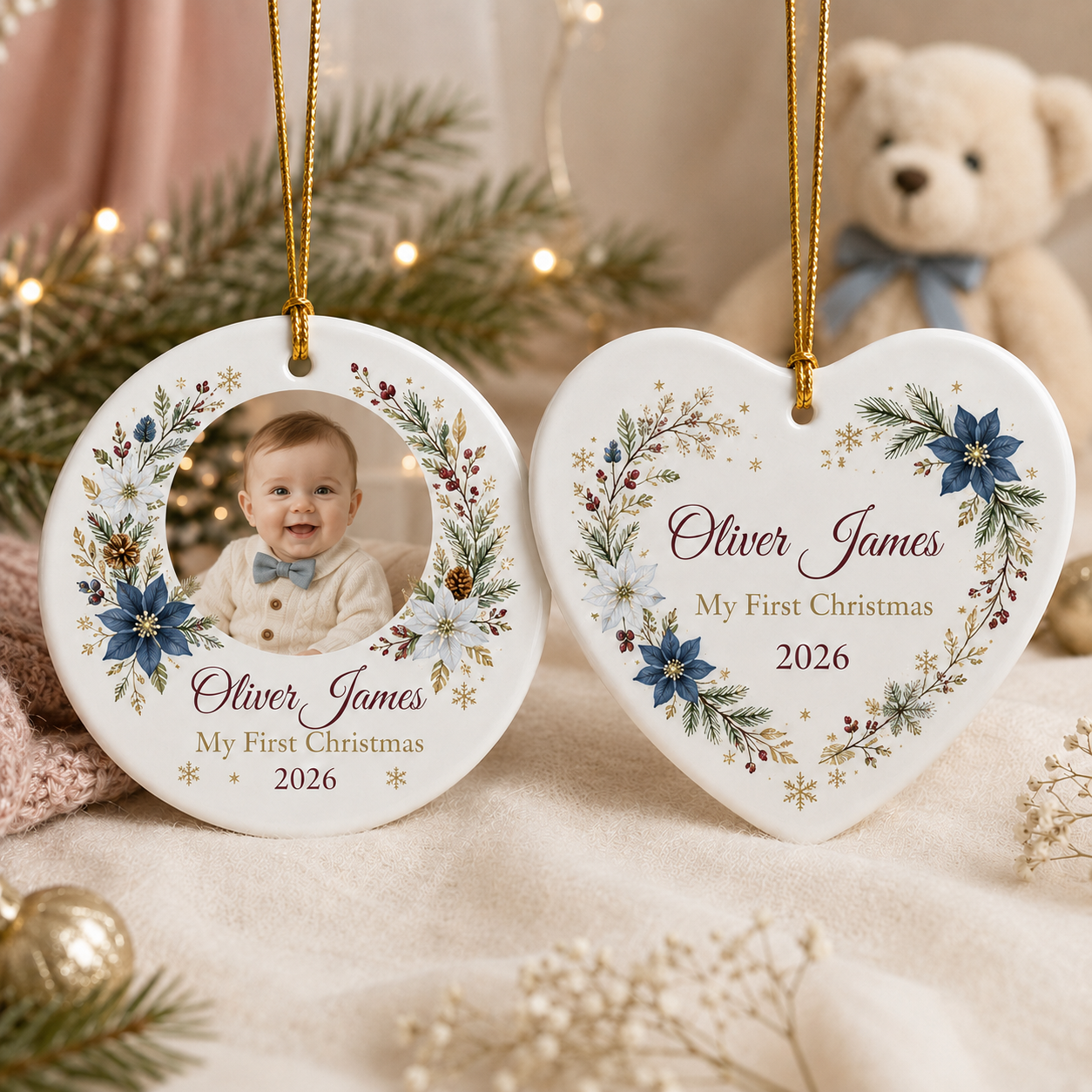 Baby’s First Christmas personalised round and heart ceramic ornament with photo