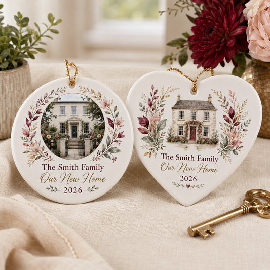 Personalised new home round and heart ceramic ornament with house photo
