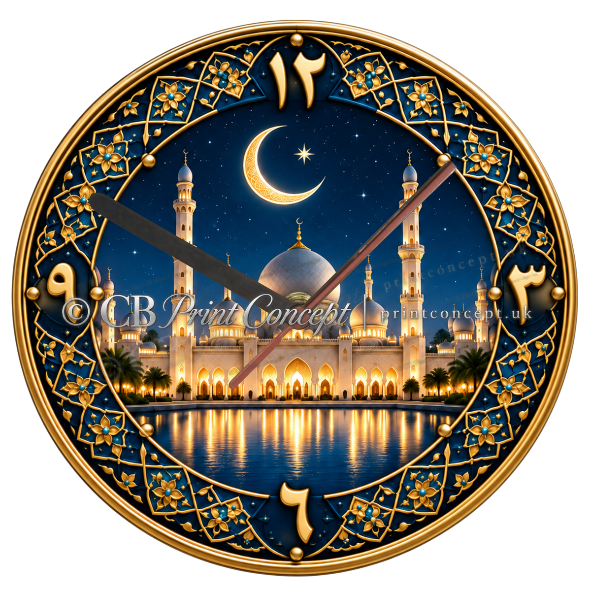 Luxury Islamic glass wall clock featuring an illuminated mosque, crescent moon, water reflection and ornate deep-blue and antique-gold detailing.