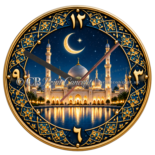 Luxury Islamic glass wall clock featuring an illuminated mosque, crescent moon, water reflection and ornate deep-blue and antique-gold detailing.
