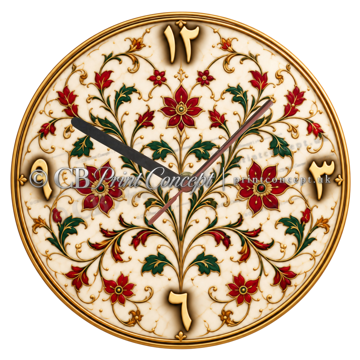 Round Ottoman floral arabesque glass wall clock featuring ruby red flowers, emerald green leaves and antique-gold detailing on an ivory background