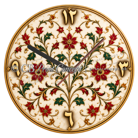 Round Ottoman floral arabesque glass wall clock featuring ruby red flowers, emerald green leaves and antique-gold detailing on an ivory background