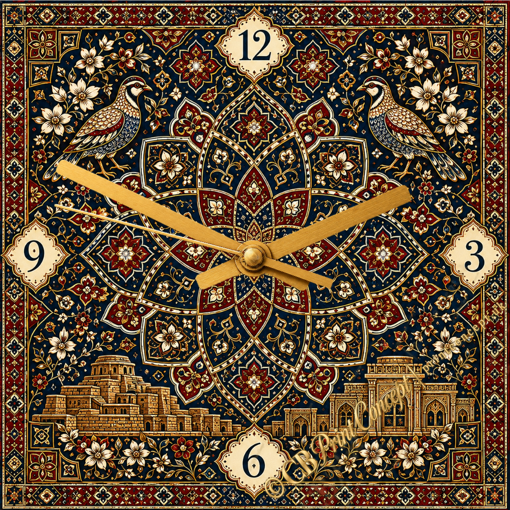 Pakistani Ajrak Chukar Wall Clock Dark Edition with Chukar birds and rich navy, burgundy and gold Ajrak-inspired patterns