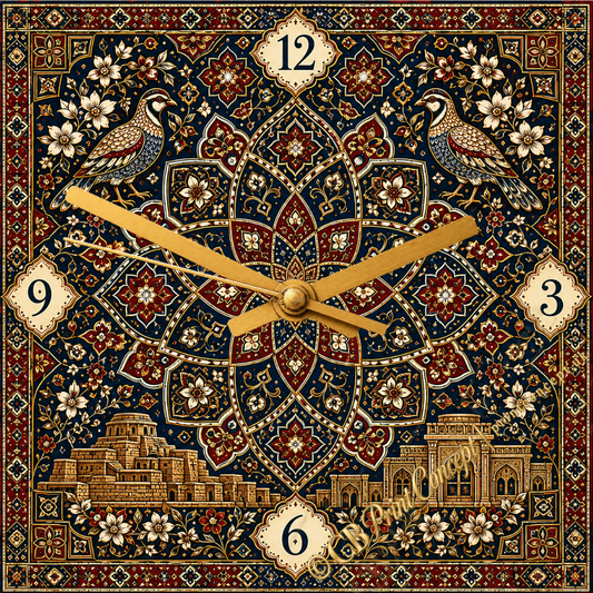 Pakistani Ajrak Chukar Wall Clock Dark Edition with Chukar birds and rich navy, burgundy and gold Ajrak-inspired patterns