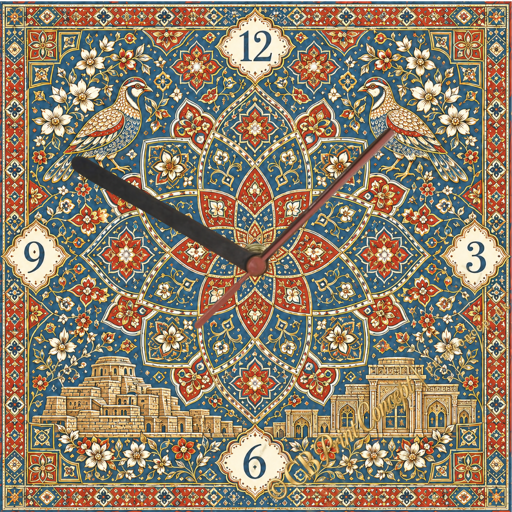 Pakistani Ajrak Chukar Wall Clock Light Edition with Chukar birds and blue, cream, red and gold decorative patterns