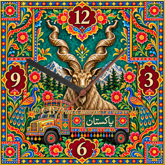 Colourful Pakistani glass wall clock featuring a majestic markhor, traditional truck art, mountain scenery and vibrant floral ornamentation.
