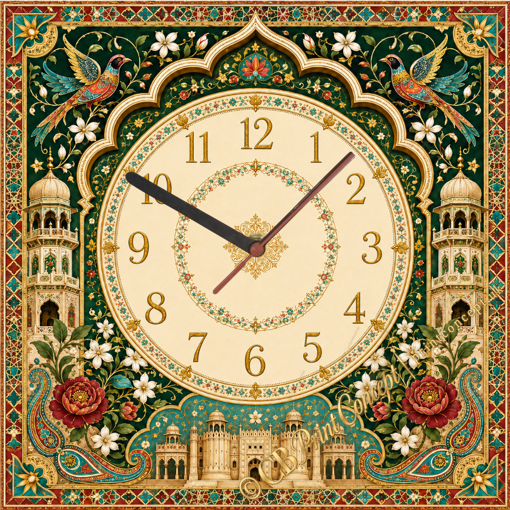 Pakistani Mughal Peacock Wall Clock featuring colourful peacocks, Mughal architecture, floral ornament and emerald, turquoise, ruby and gold detailing