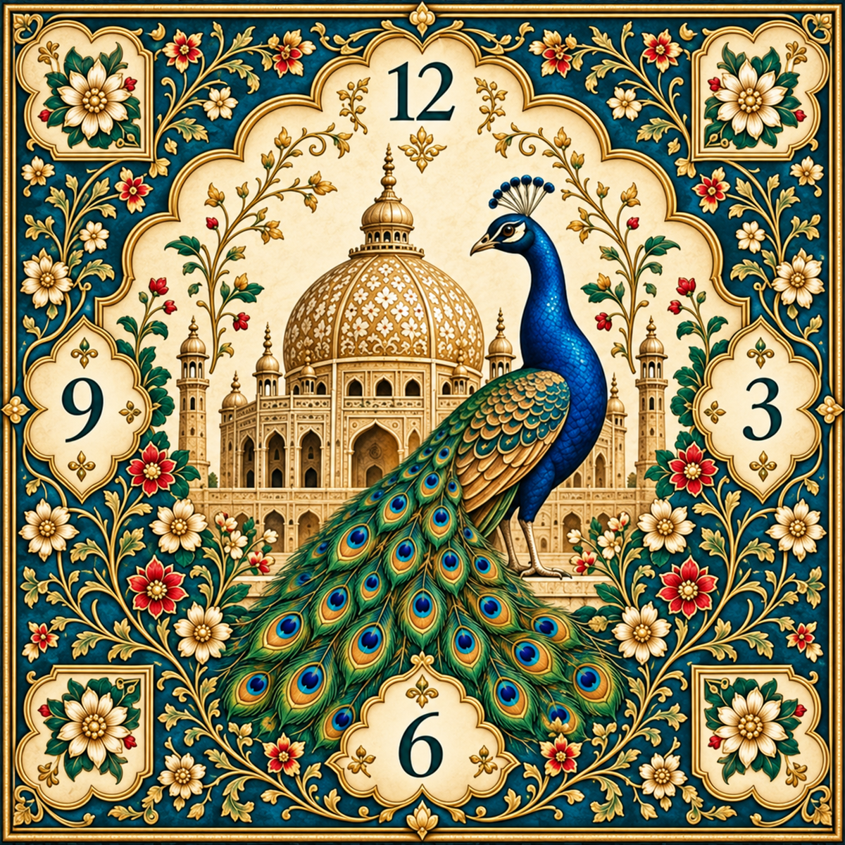 Square Pakistani Mughal Peacock glass wall clock with blue peacock, ornate palace architecture and turquoise, cream, red and gold floral decoration
