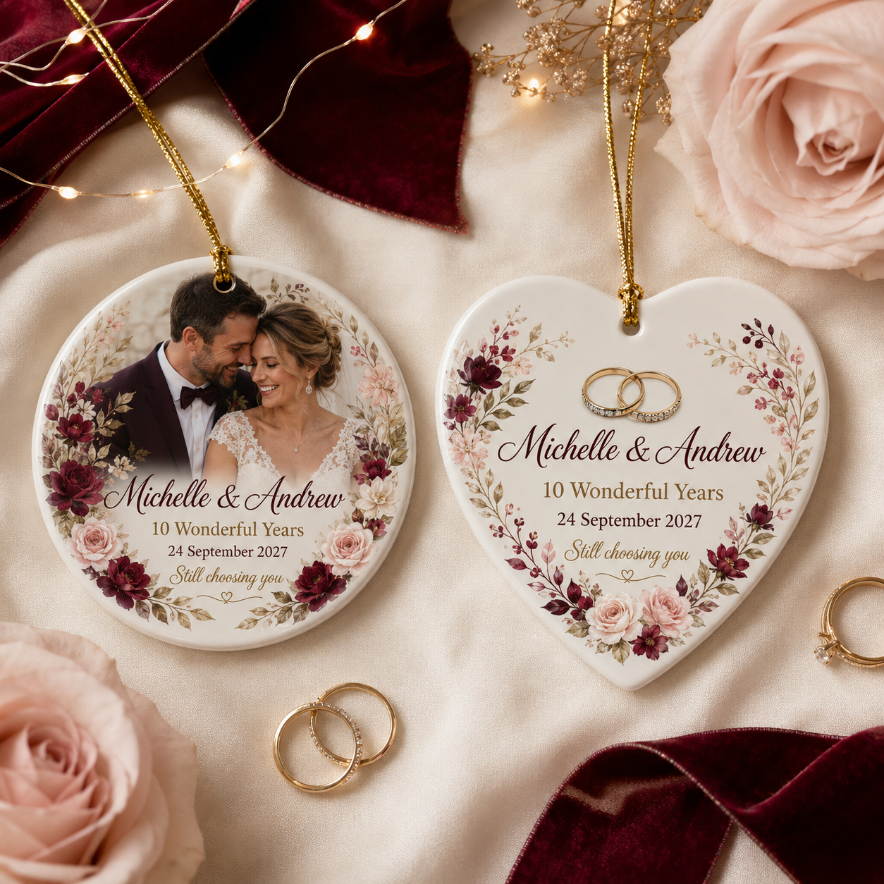 Personalised round  and heart anniversary ceramic ornament with couple’s photo