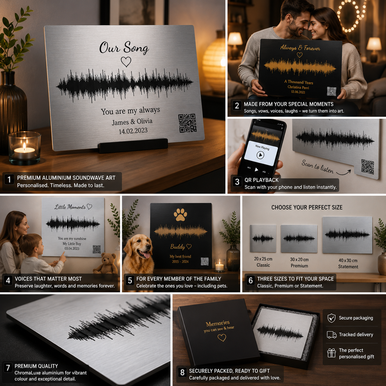 Personalised love story soundwave aluminium print with QR playback displayed on wooden stand