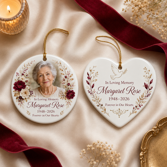 Personalised round and heart memorial ceramic ornament with photo and dates