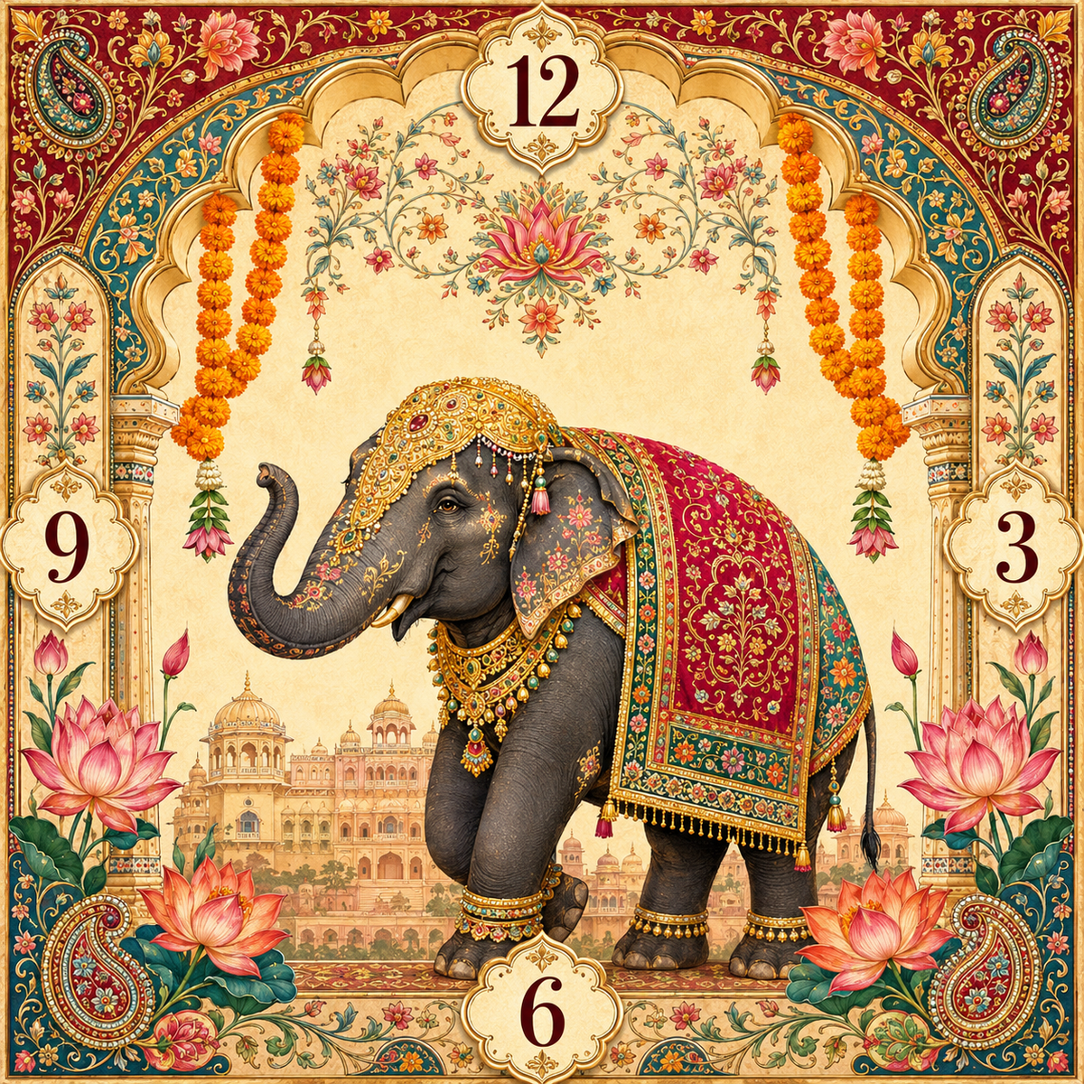 Royal Indian elephant wall clock with Rajasthan palace arches, lotus flowers, marigold garlands and colourful ornamental details