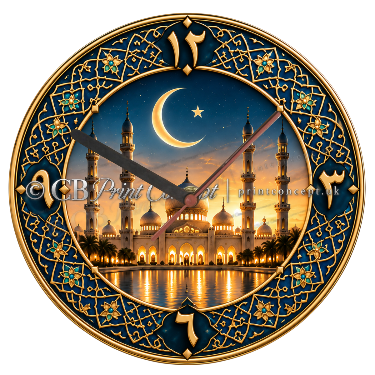Round Royal Crescent Mosque Islamic glass wall clock featuring an illuminated mosque, golden crescent and star, and ornate sapphire-blue and gold arabesque border