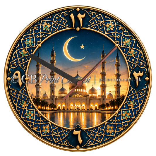 Round Royal Crescent Mosque Islamic glass wall clock featuring an illuminated mosque, golden crescent and star, and ornate sapphire-blue and gold arabesque border