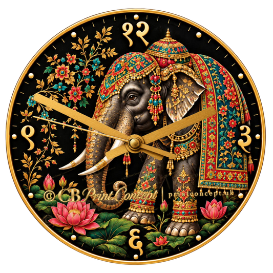 A luxurious Indian-inspired glass wall clock featuring a richly decorated royal elephant, lotus flowers and ornate floral detailing in black, gold, ruby red, turquoise and emerald tones.