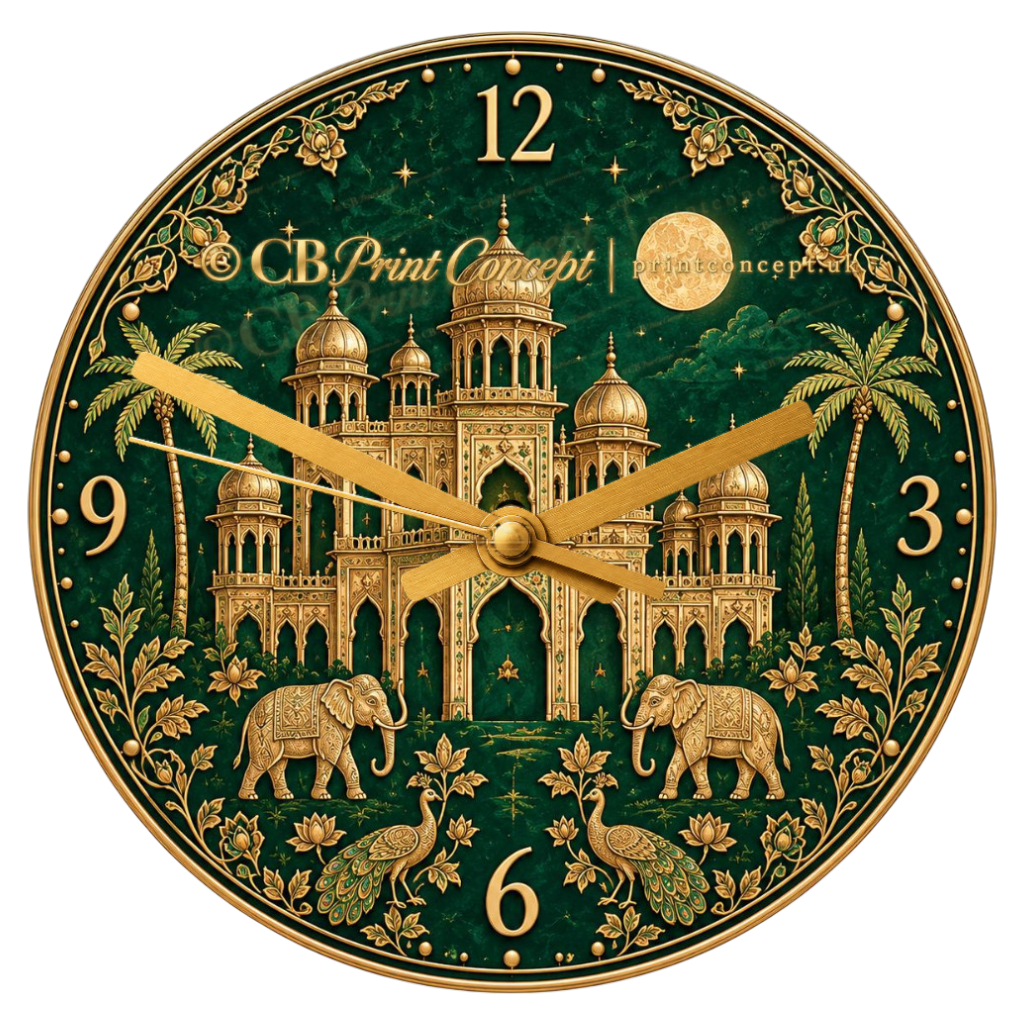 Royal Indian elephant wall clock with colourful ceremonial decorations, gold details and pink lotus flowers on a black background
