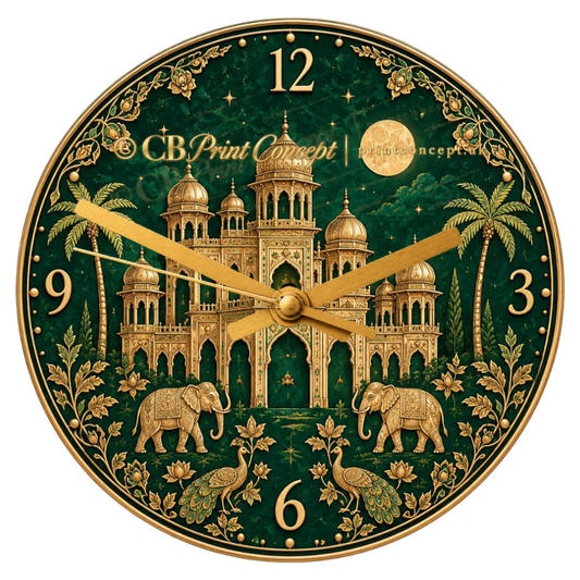 Royal Indian elephant wall clock with colourful ceremonial decorations, gold details and pink lotus flowers on a black background