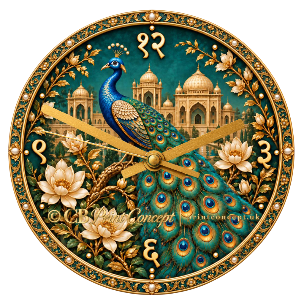 Elegant Indian glass wall clock featuring a royal peacock, ivory lotus flowers, palace architecture and rich turquoise, emerald and gold detailing.