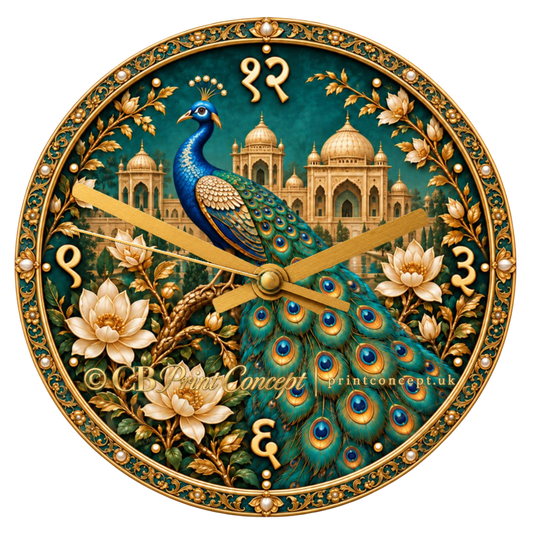 Elegant Indian glass wall clock featuring a royal peacock, ivory lotus flowers, palace architecture and rich turquoise, emerald and gold detailing.