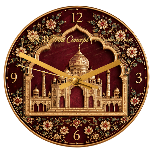 Luxury Mughal-inspired glass wall clock featuring an ornate royal palace, deep burgundy background and elegant antique-gold floral detailing.