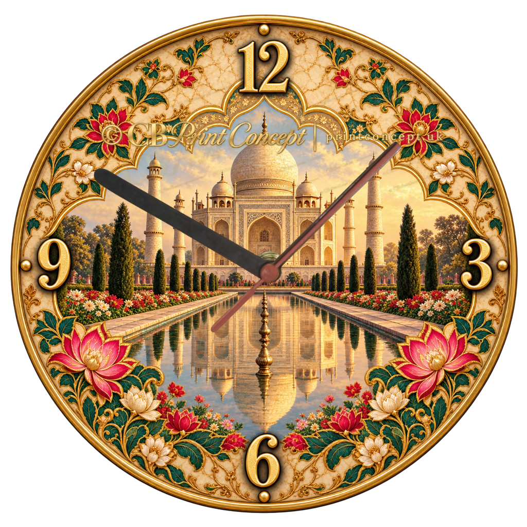 Elegant Indian glass wall clock featuring the Taj Mahal, reflecting pool, formal gardens, lotus flowers and ornate cream, green and gold detailing.